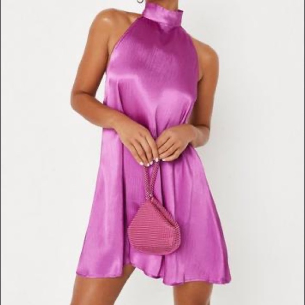 NWT MISSGUIDED textured satin high neck swing mini dress